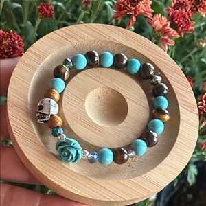 Handmade Howlite + Tigers Eye Beaded Bracelet with Rose & Skull Charm *